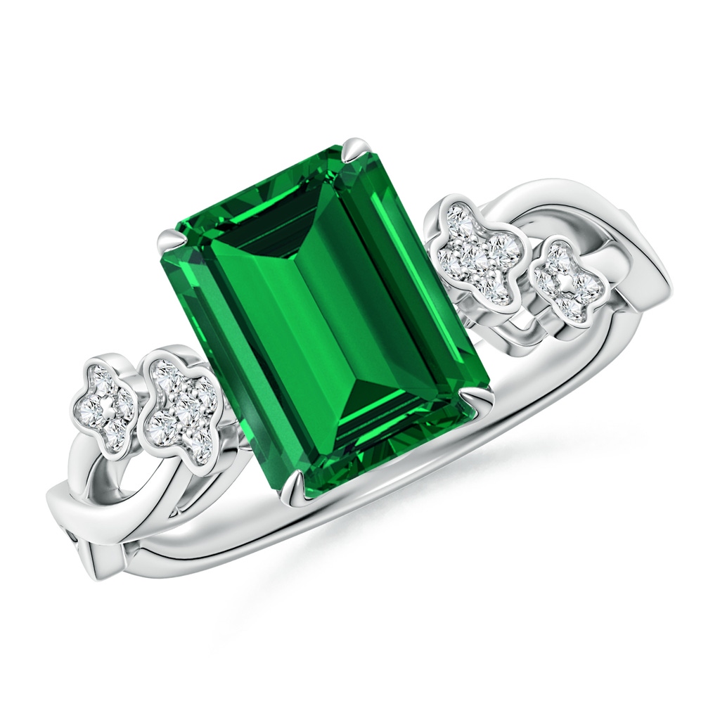 9x7mm Labgrown Lab-Grown Nature-Inspired Emerald-Cut Emerald Floral Engagement Ring in White Gold