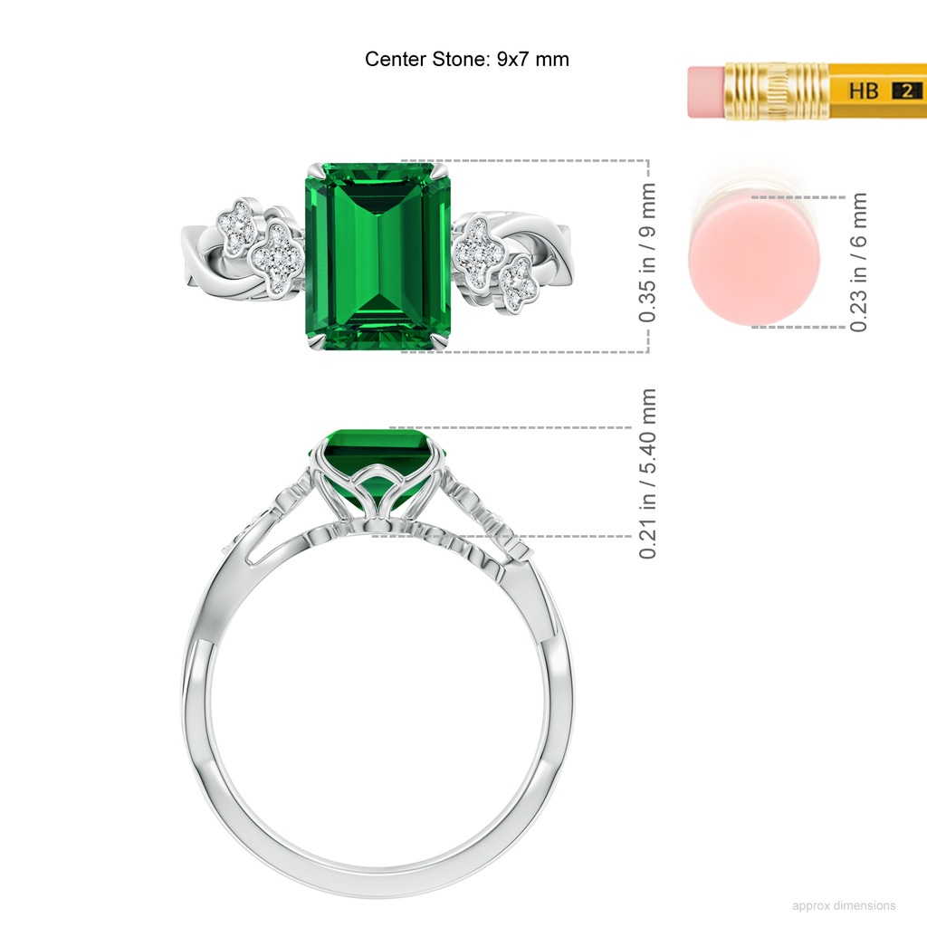 9x7mm Labgrown Lab-Grown Nature-Inspired Emerald-Cut Emerald Floral Engagement Ring in White Gold ruler