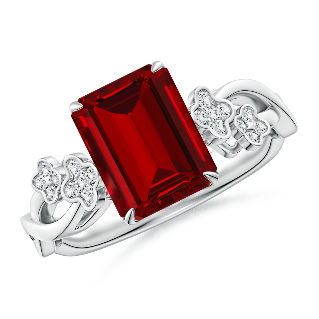 9x7mm Labgrown Lab-Grown Nature-Inspired Emerald-Cut Ruby Floral Engagement Ring in White Gold
