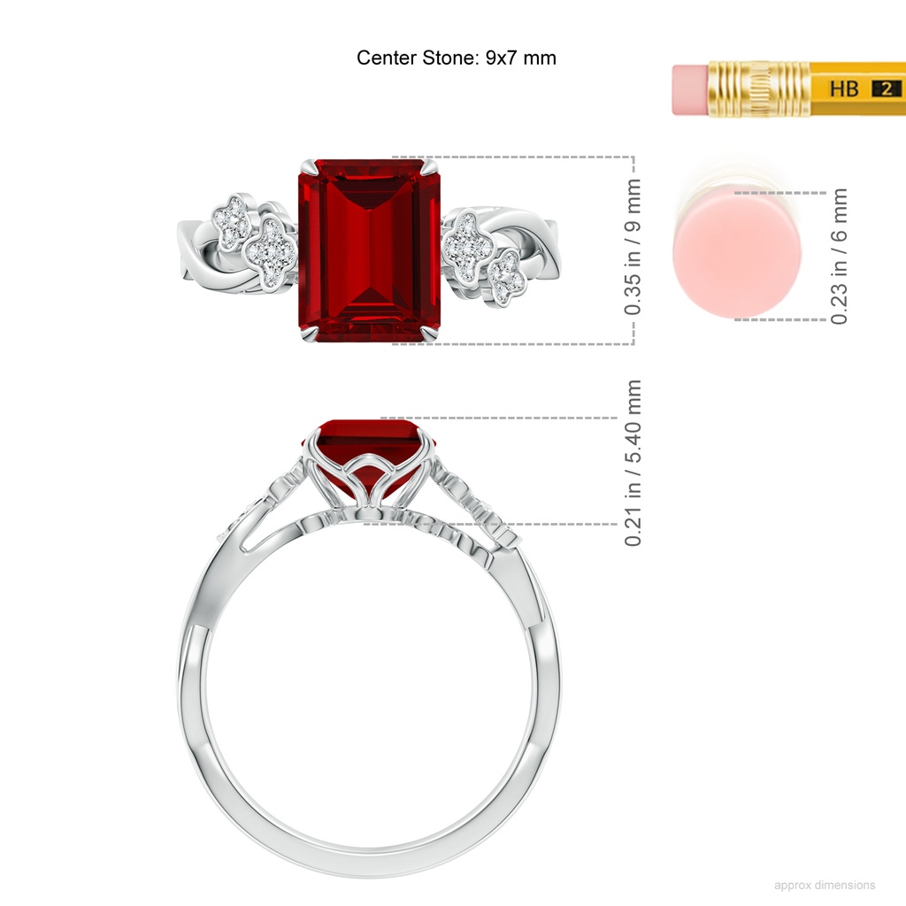 9x7mm Labgrown Lab-Grown Nature-Inspired Emerald-Cut Ruby Floral Engagement Ring in White Gold ruler