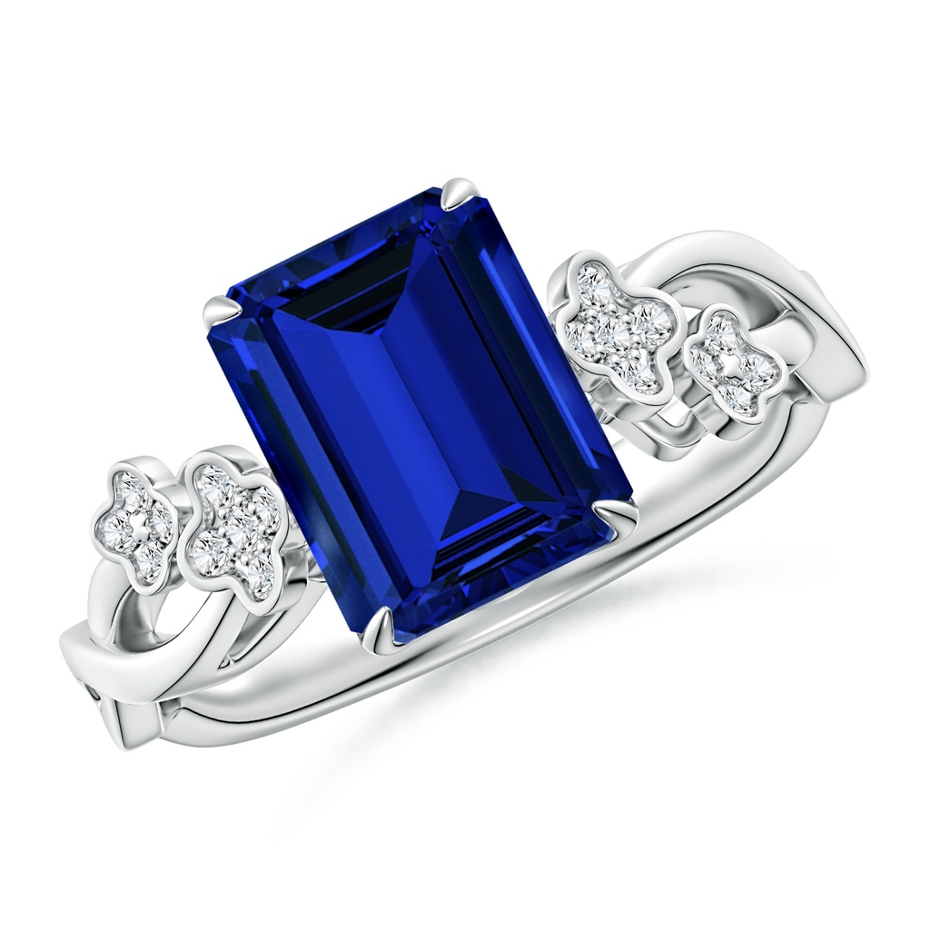 9x7mm Labgrown Lab-Grown Nature-Inspired Emerald-Cut Blue Sapphire Floral Engagement Ring in White Gold