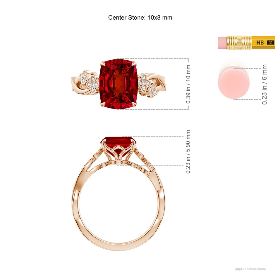 10x8mm Labgrown Lab-Grown Nature-Inspired Cushion Rectangular Ruby Floral Engagement Ring in 18K Rose Gold ruler