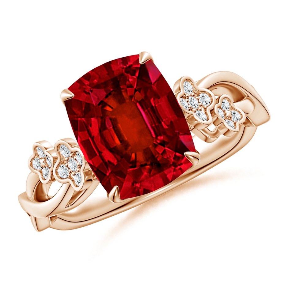 10x8mm Labgrown Lab-Grown Nature-Inspired Cushion Rectangular Ruby Floral Engagement Ring in Rose Gold 