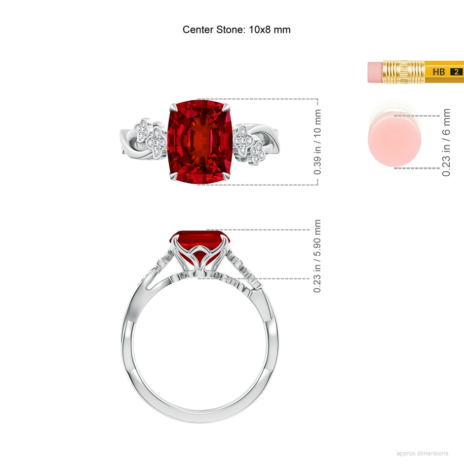 10x8mm Labgrown Lab-Grown Nature-Inspired Cushion Rectangular Ruby Floral Engagement Ring in White Gold ruler