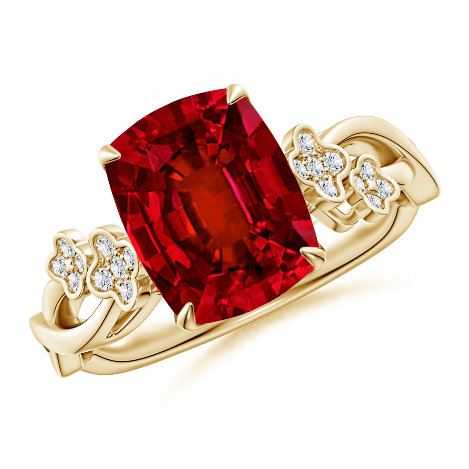 10x8mm Labgrown Lab-Grown Nature-Inspired Cushion Rectangular Ruby Floral Engagement Ring in Yellow Gold 