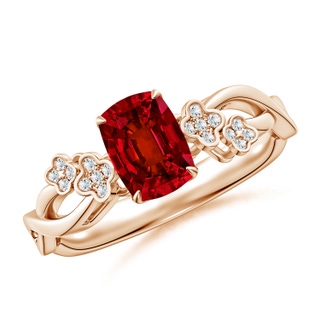 7x5mm Labgrown Lab-Grown Nature-Inspired Cushion Rectangular Ruby Floral Engagement Ring in Rose Gold