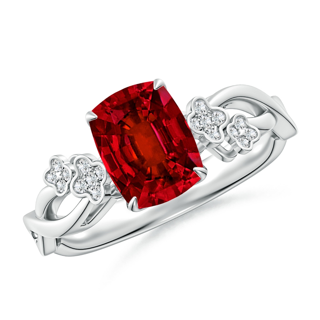 8x6mm Labgrown Lab-Grown Nature-Inspired Cushion Rectangular Ruby Floral Engagement Ring in 18K White Gold