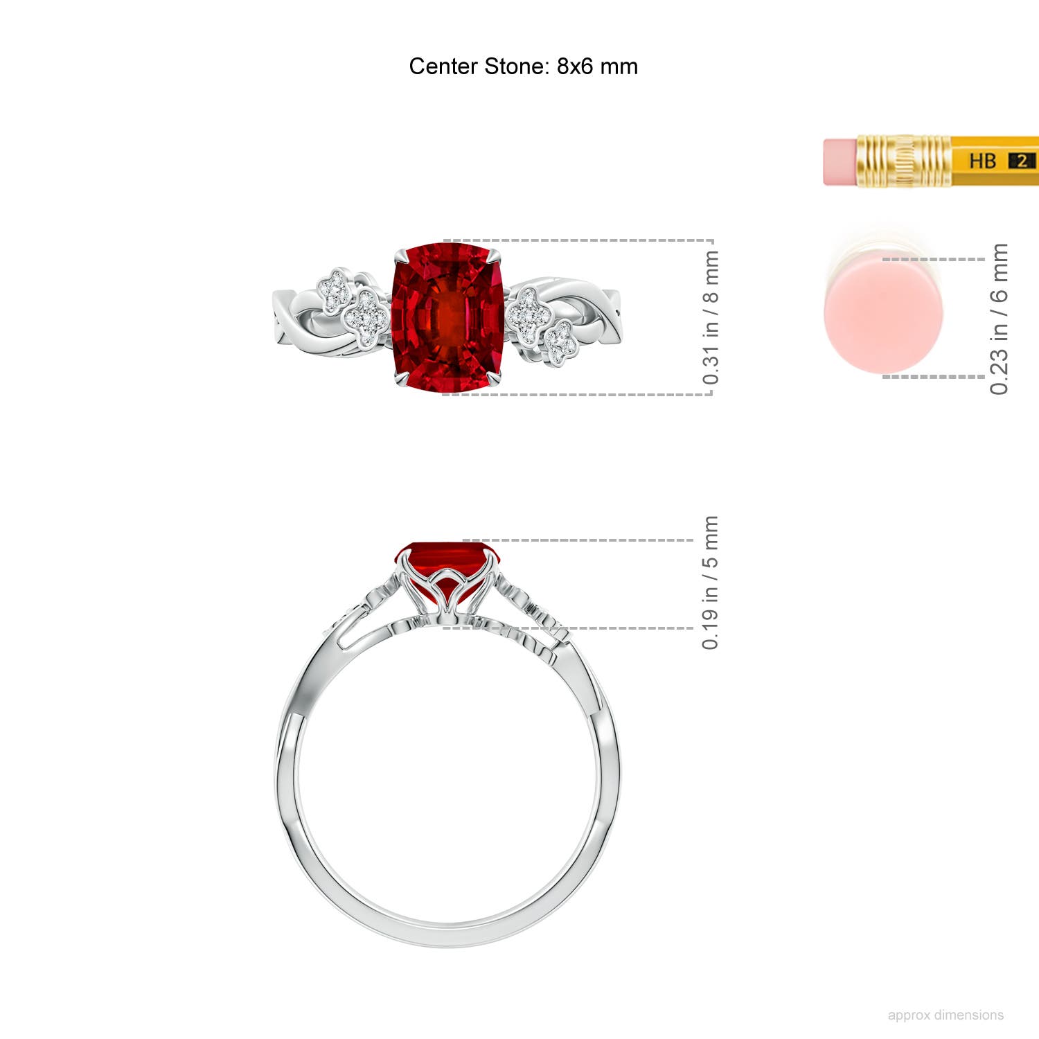 8x6mm Labgrown Lab-Grown Nature-Inspired Cushion Rectangular Ruby Floral Engagement Ring in 18CT White Gold - ruler