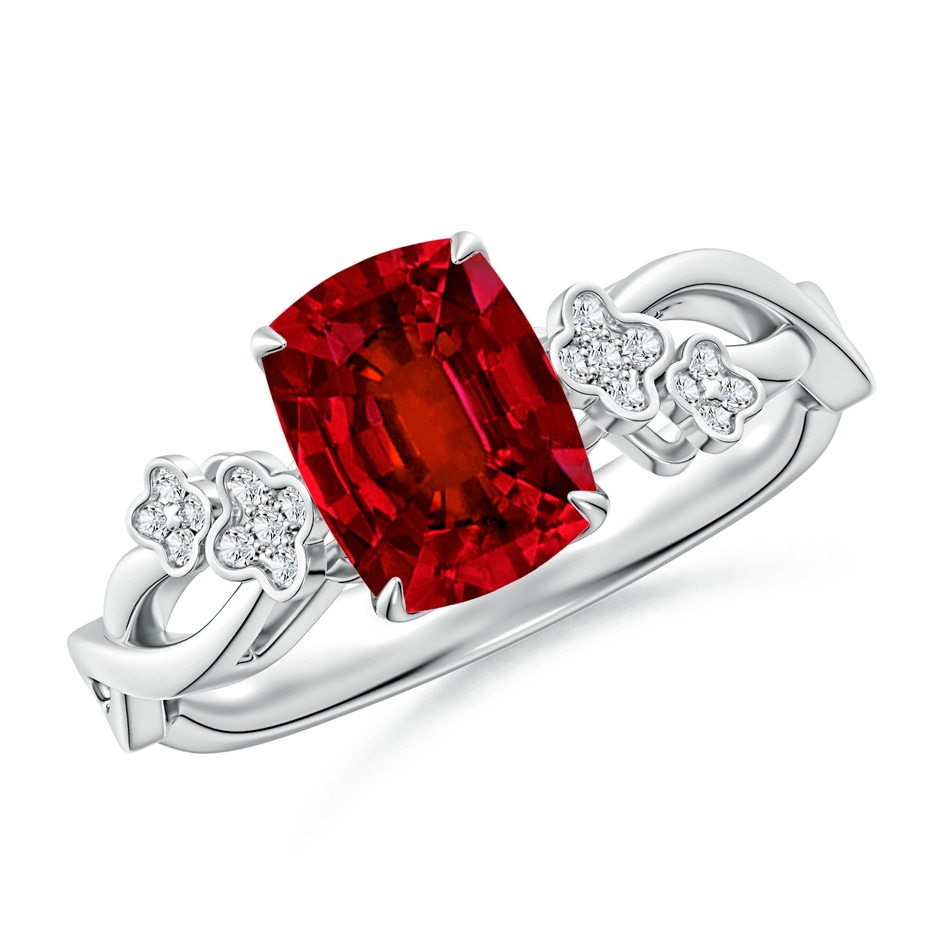 8x6mm Labgrown Lab-Grown Nature-Inspired Cushion Rectangular Ruby Floral Engagement Ring in White Gold 