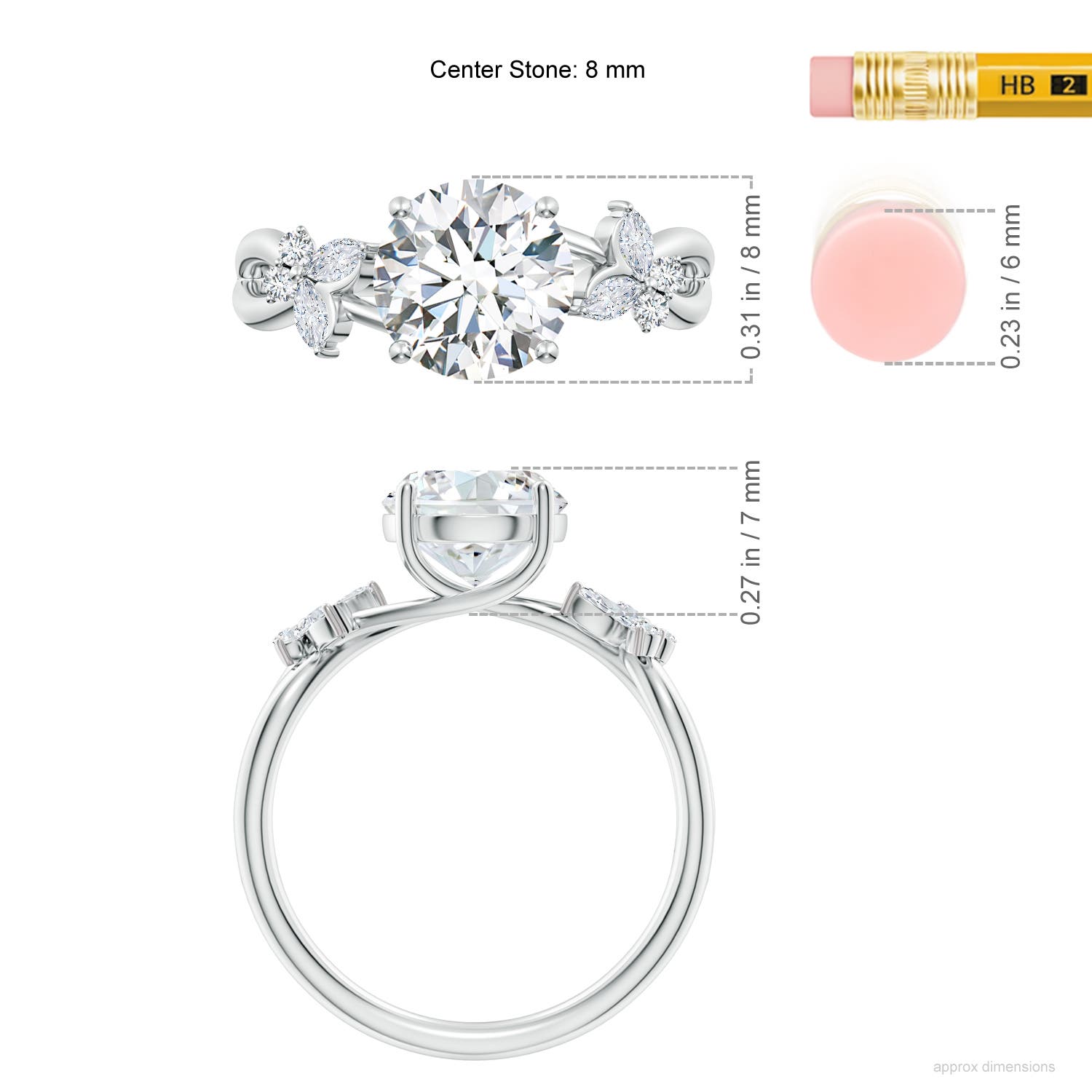 8mm FGVS Lab-Grown Round Diamond Butterfly Engagement Ring in White Gold - ruler