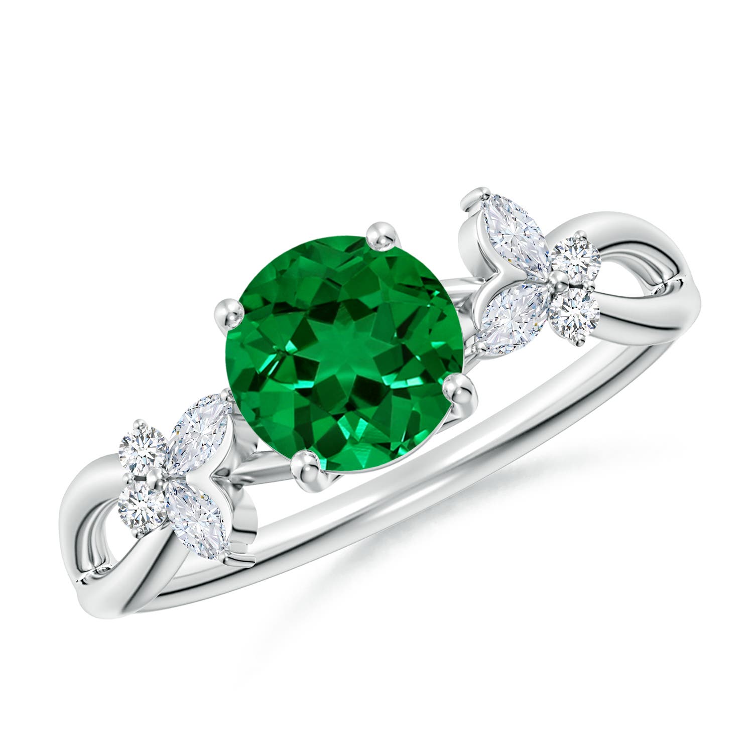 6.5mm Labgrown Lab-Grown Round Emerald Butterfly Engagement Ring in White Gold
