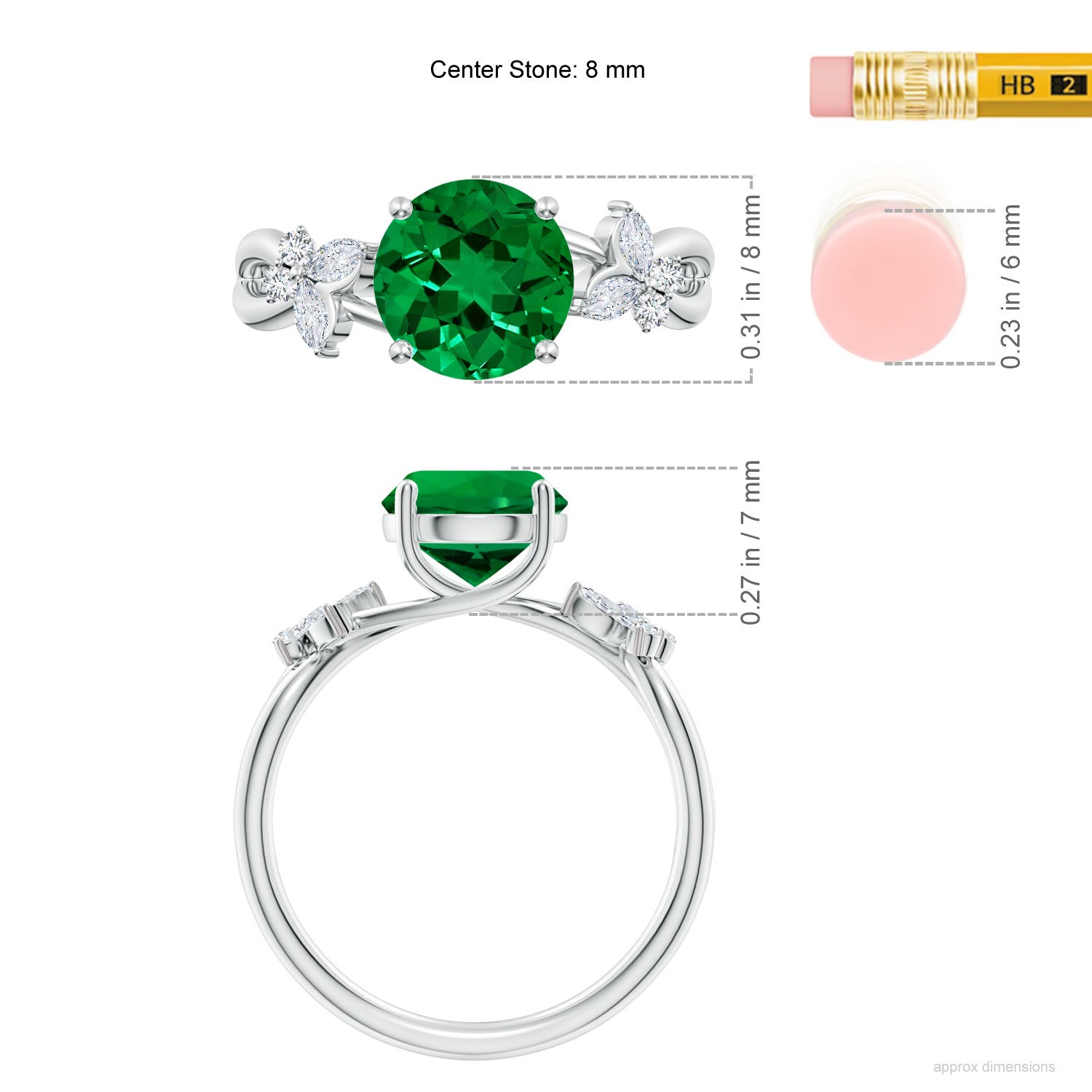 8mm Labgrown Lab-Grown Round Emerald Butterfly Engagement Ring in 18CT White Gold - ruler