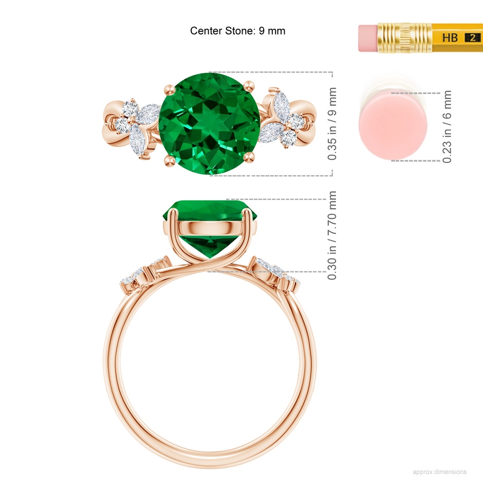 9mm Labgrown Lab-Grown Round Emerald Butterfly Engagement Ring in 18K Rose Gold ruler