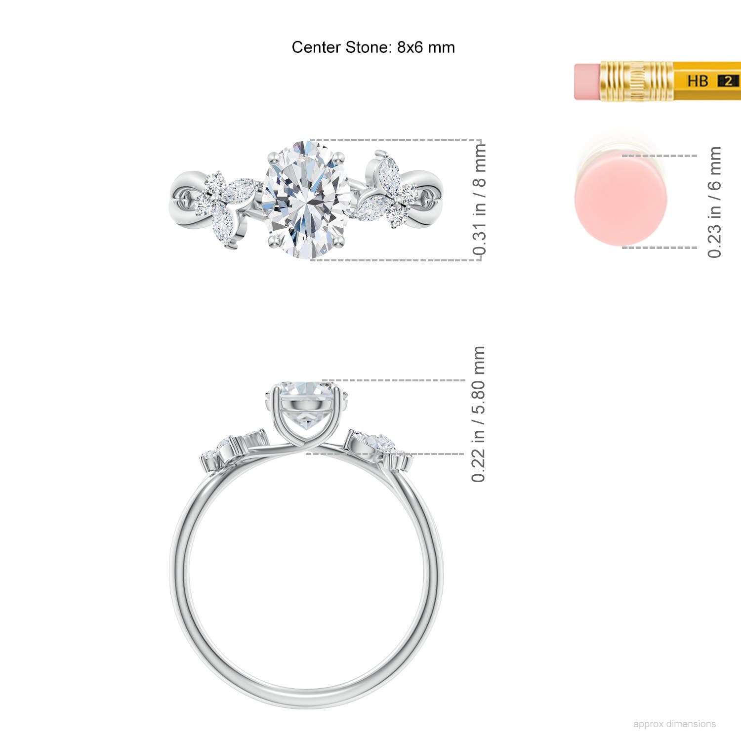 8x6mm FGVS Lab-Grown Oval Diamond Butterfly Engagement Ring in 18K White Gold - ruler