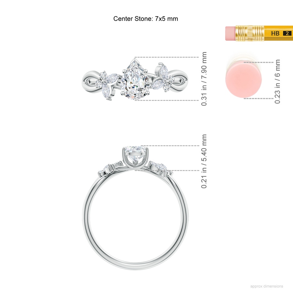 7x5mm FGVS Lab-Grown Pear-Shaped Diamond Butterfly Engagement Ring in 18K White Gold ruler