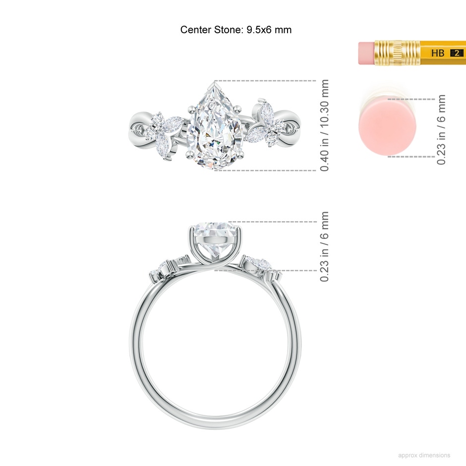 9.5x6mm FGVS Lab-Grown Pear-Shaped Diamond Butterfly Engagement Ring in White Gold ruler