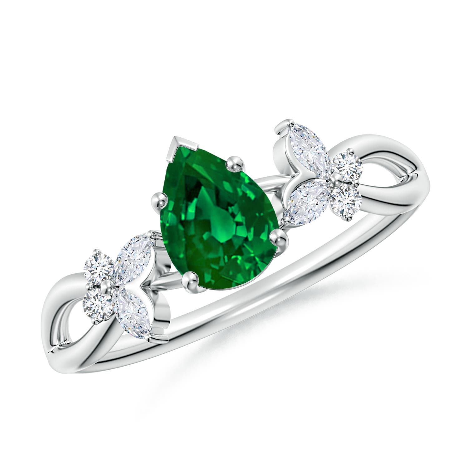 7x5mm Labgrown Lab-Grown Pear-Shaped Emerald Butterfly Engagement Ring in White Gold