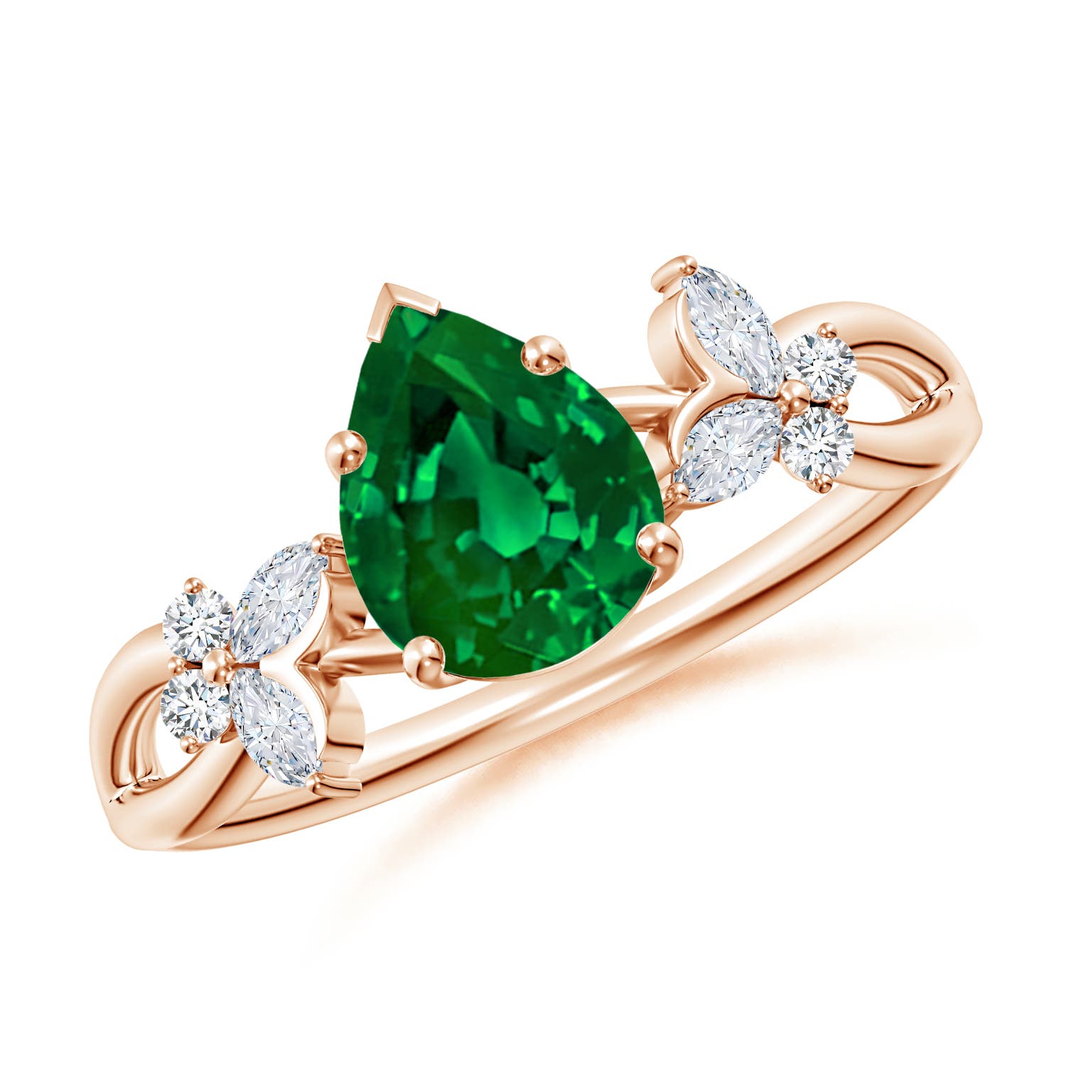 8x6mm Labgrown Lab-Grown Pear-Shaped Emerald Butterfly Engagement Ring in Rose Gold