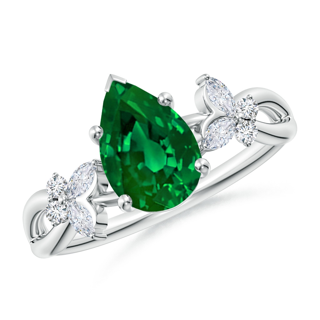 9x7mm Labgrown Lab-Grown Pear-Shaped Emerald Butterfly Engagement Ring in 18K White Gold