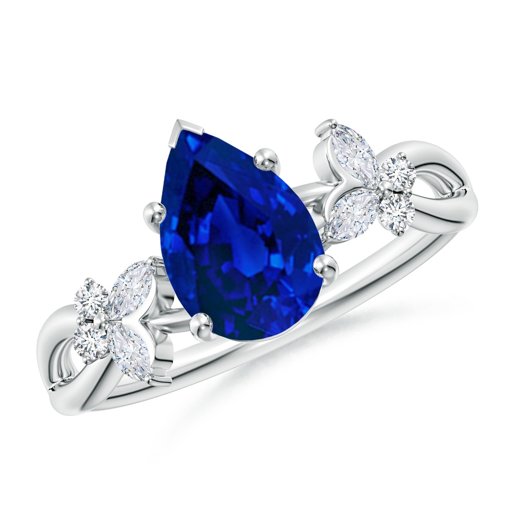 9x7mm Labgrown Lab-Grown Pear-Shaped Blue Sapphire Butterfly Engagement Ring in White Gold
