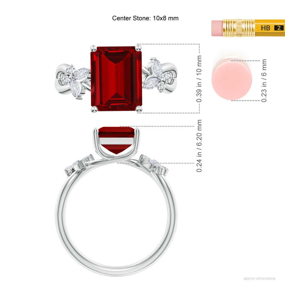 10x8mm Labgrown Lab-Grown Emerald-Cut Ruby Butterfly Engagement Ring in 18K White Gold ruler