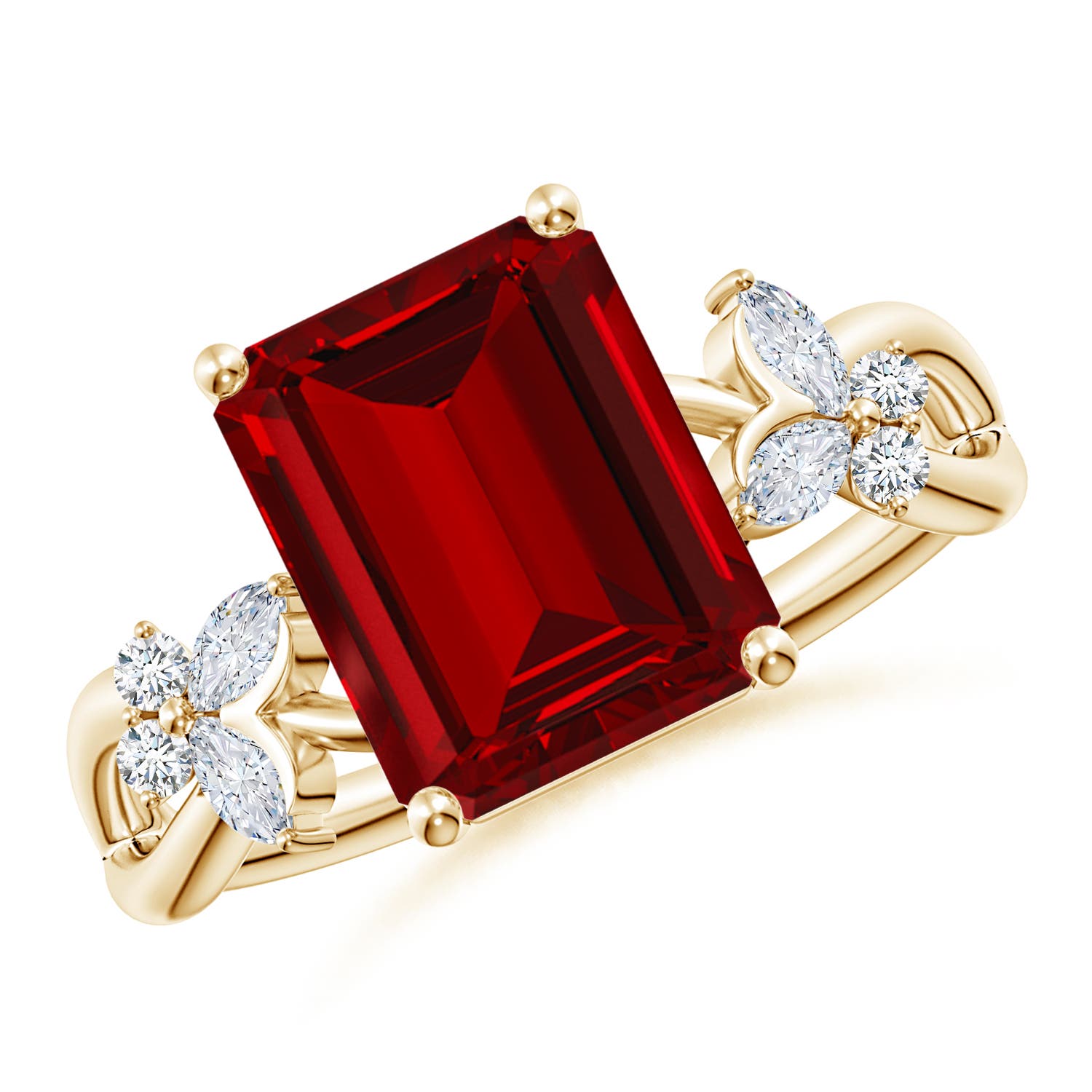 10x8mm Labgrown Lab-Grown Emerald-Cut Ruby Butterfly Engagement Ring in 18K Yellow Gold