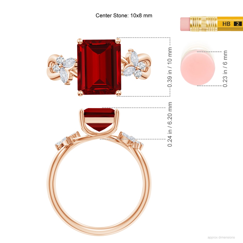 10x8mm Labgrown Lab-Grown Emerald-Cut Ruby Butterfly Engagement Ring in Rose Gold ruler