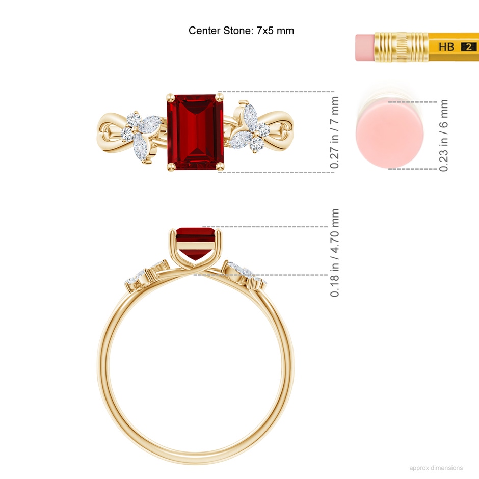 7x5mm Labgrown Lab-Grown Emerald-Cut Ruby Butterfly Engagement Ring in Yellow Gold ruler