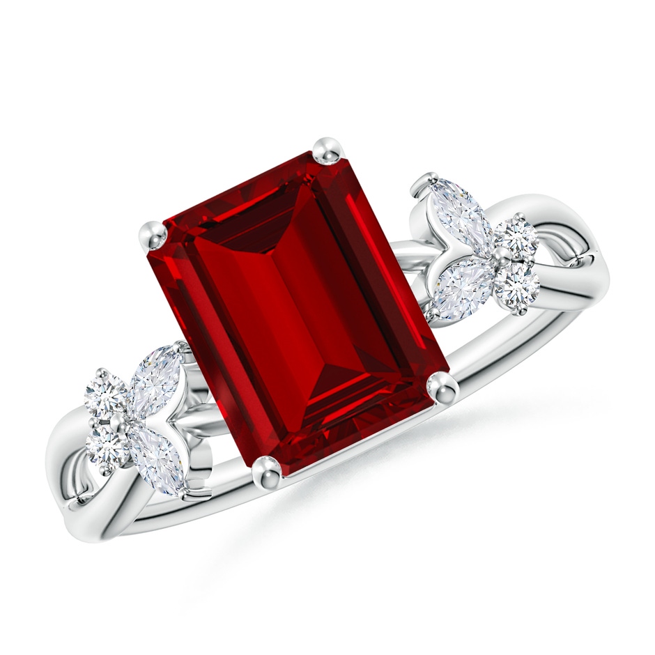 9x7mm Labgrown Lab-Grown Emerald-Cut Ruby Butterfly Engagement Ring in White Gold 