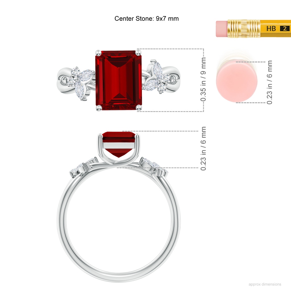 9x7mm Labgrown Lab-Grown Emerald-Cut Ruby Butterfly Engagement Ring in White Gold ruler