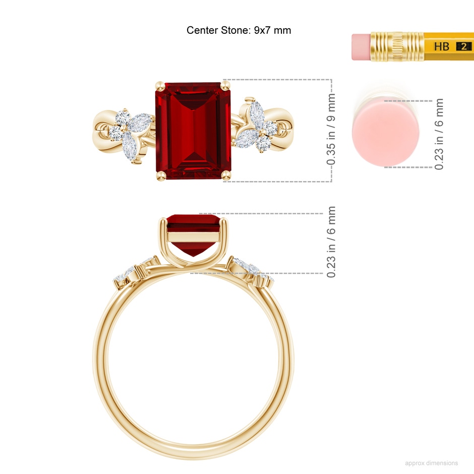 9x7mm Labgrown Lab-Grown Emerald-Cut Ruby Butterfly Engagement Ring in Yellow Gold ruler