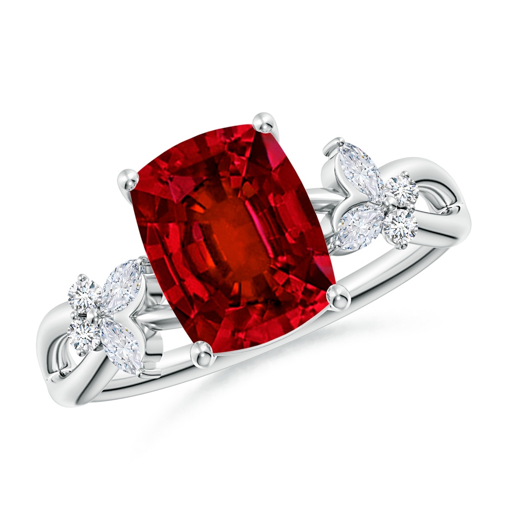 9x7mm Labgrown Lab-Grown Cushion Rectangular Ruby Butterfly Engagement Ring in White Gold
