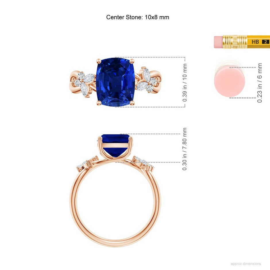 10x8mm Labgrown Lab-Grown Cushion Rectangular Blue Sapphire Butterfly Engagement Ring in 18K Rose Gold ruler