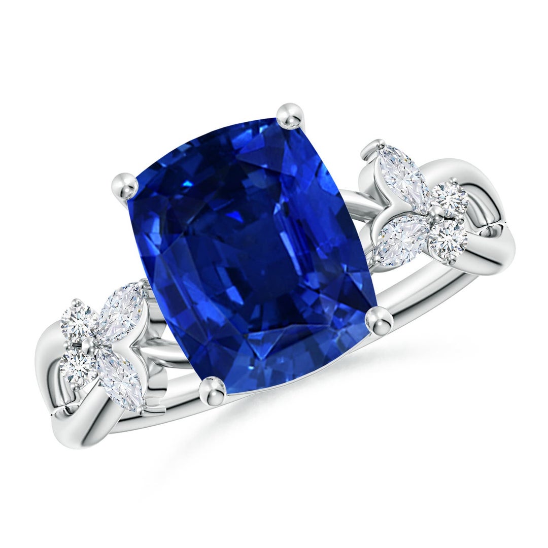 10x8mm Labgrown Lab-Grown Cushion Rectangular Blue Sapphire Butterfly Engagement Ring in 18K White Gold