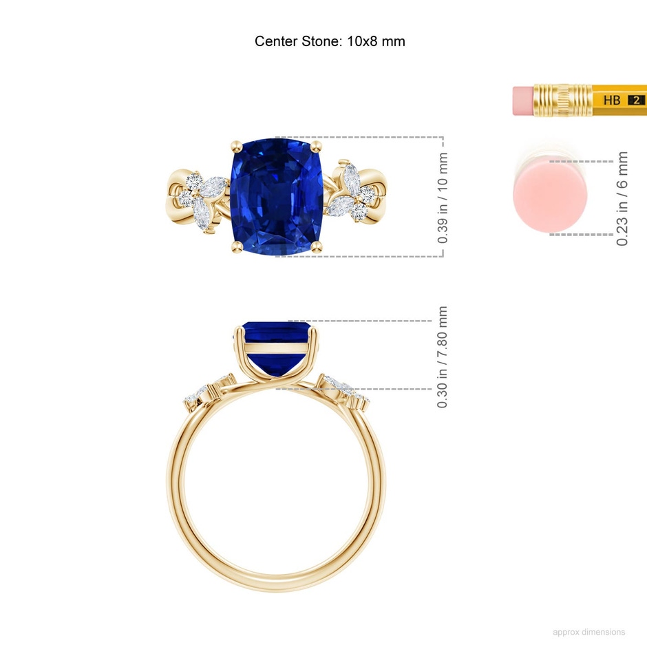 10x8mm Labgrown Lab-Grown Cushion Rectangular Blue Sapphire Butterfly Engagement Ring in 18K Yellow Gold ruler
