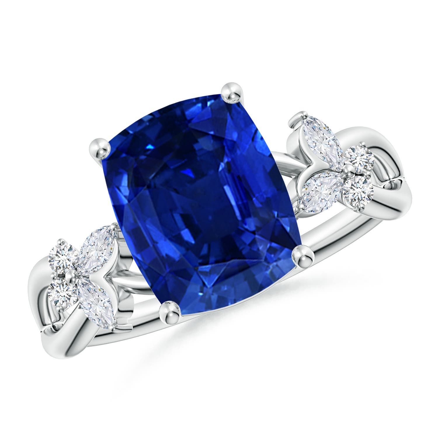 10x8mm Labgrown Lab-Grown Cushion Rectangular Blue Sapphire Butterfly Engagement Ring in White Gold