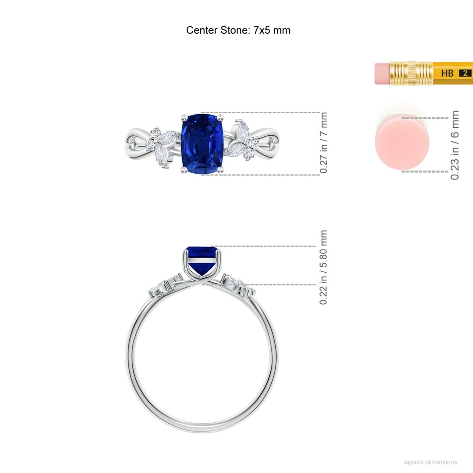 7x5mm Labgrown Lab-Grown Cushion Rectangular Blue Sapphire Butterfly Engagement Ring in 18K White Gold ruler