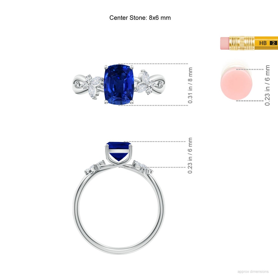 8x6mm Labgrown Lab-Grown Cushion Rectangular Blue Sapphire Butterfly Engagement Ring in 18K White Gold ruler