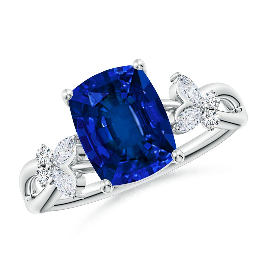 9x7mm Labgrown Lab-Grown Cushion Rectangular Blue Sapphire Butterfly Engagement Ring in White Gold