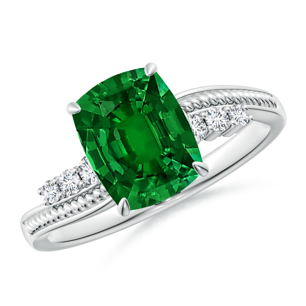 9x7mm Labgrown Lab-Grown Vintage Style Cushion Rectangular Emerald Bypass Shank Engagement Ring in White Gold