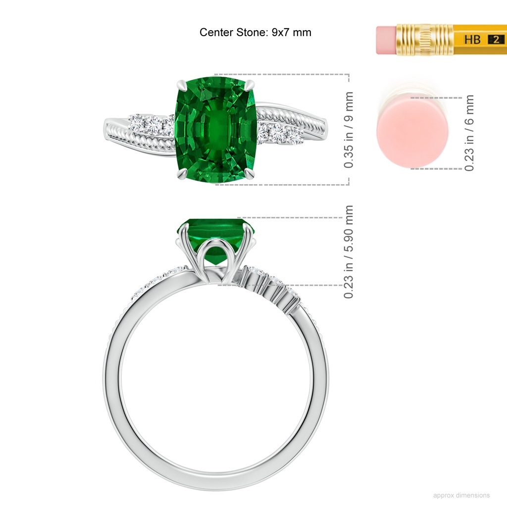 9x7mm Labgrown Lab-Grown Vintage Style Cushion Rectangular Emerald Bypass Shank Engagement Ring in White Gold ruler