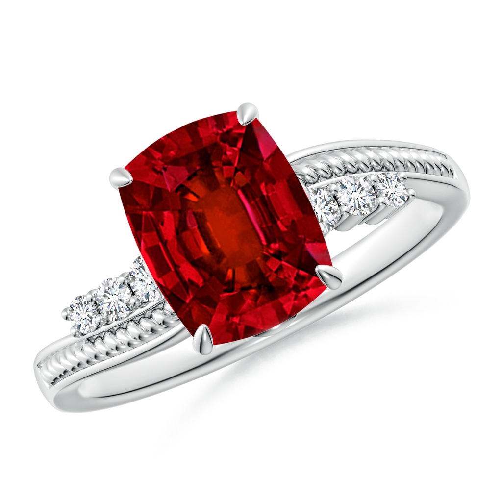 9x7mm Labgrown Lab-Grown Vintage Style Cushion Rectangular Ruby Bypass Shank Engagement Ring in White Gold