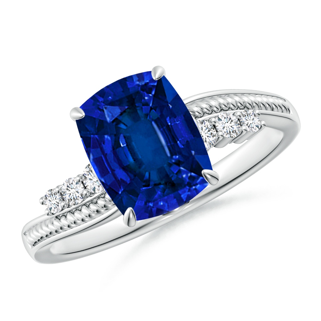 9x7mm Labgrown Lab-Grown Vintage Style Cushion Rectangular Blue Sapphire Bypass Shank Engagement Ring in White Gold 