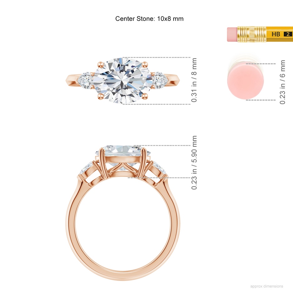 10x8mm FGVS Lab-Grown Classic East-West Oval Diamond Side Stone Engagement Ring in 18K Rose Gold ruler