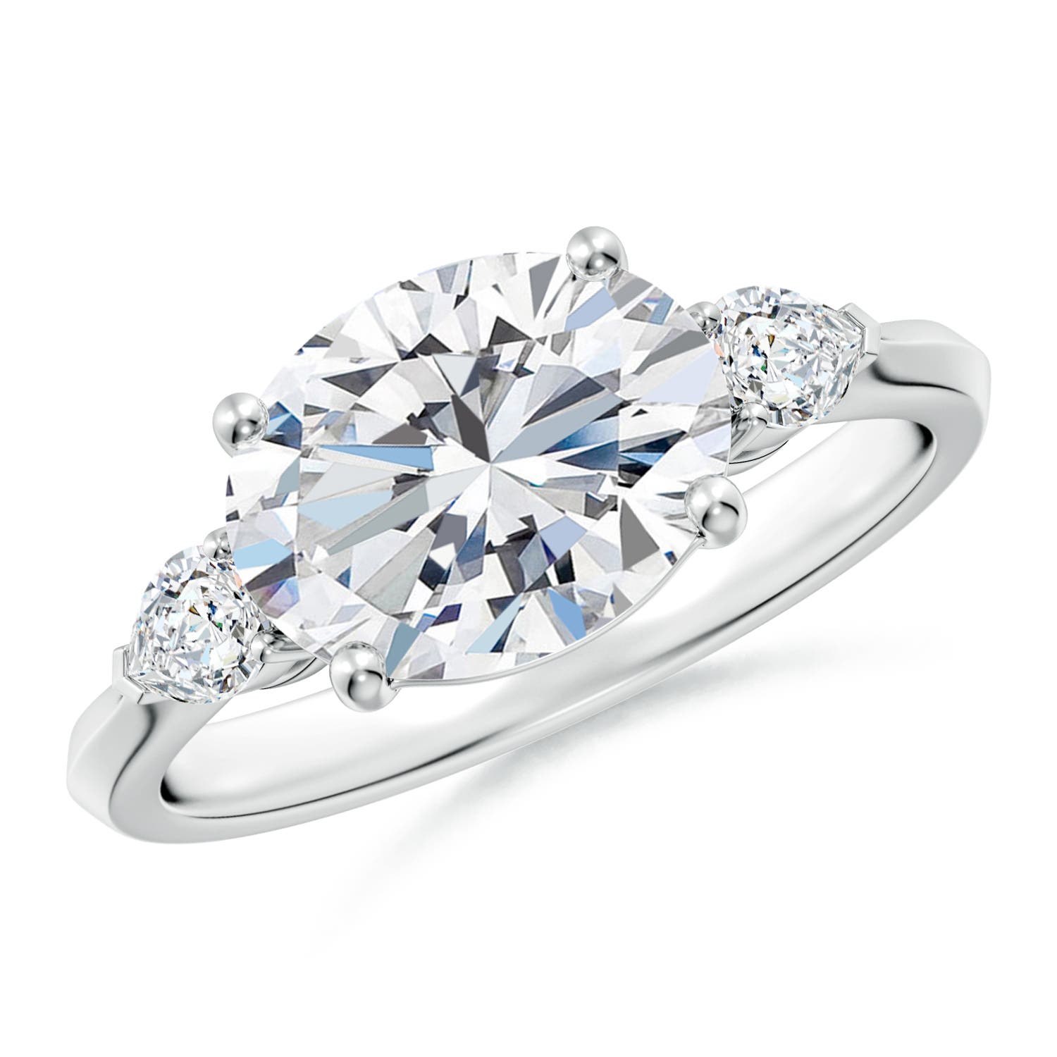 10x8mm FGVS Lab-Grown Classic East-West Oval Diamond Side Stone Engagement Ring in 18K White Gold