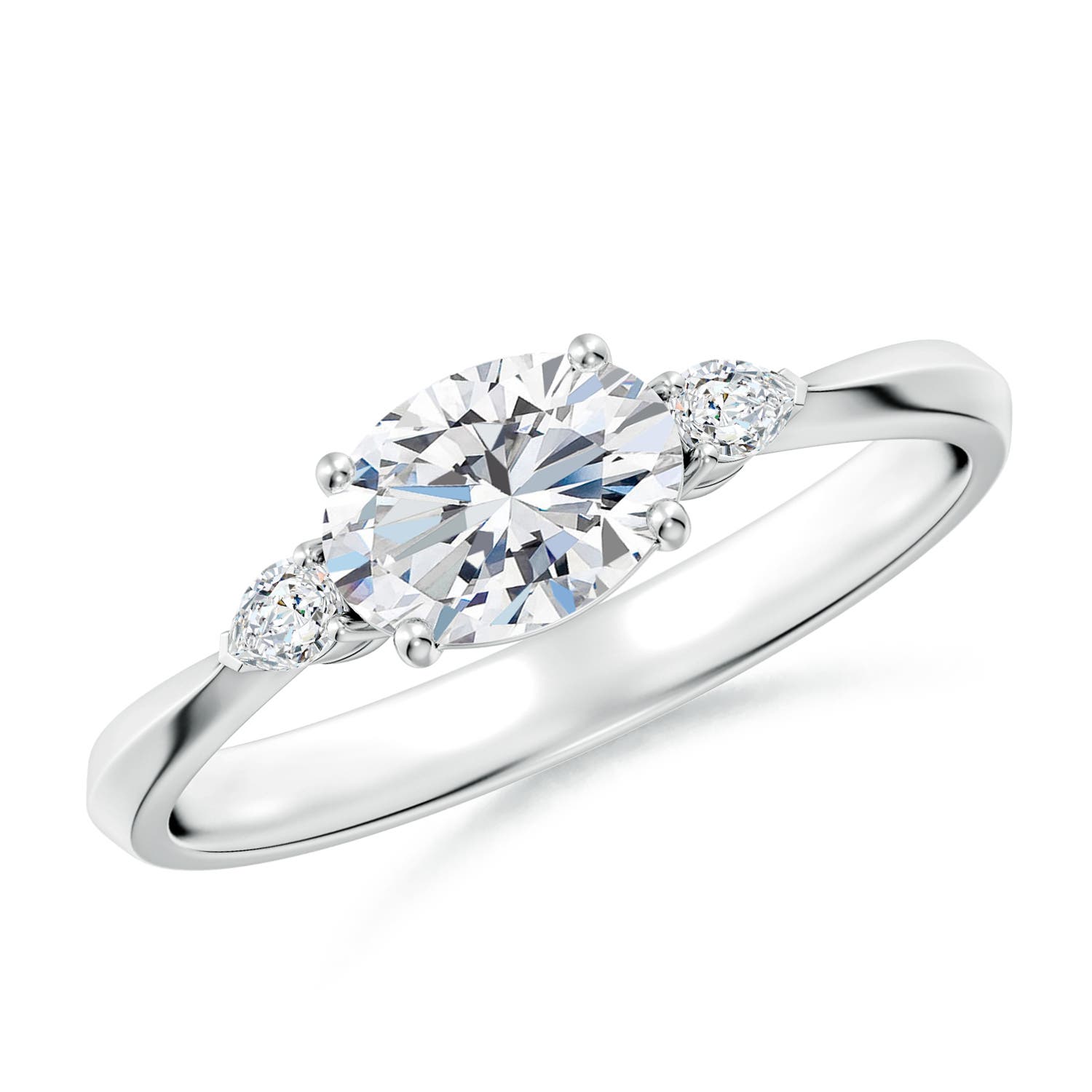 7x5mm FGVS Lab-Grown Classic East-West Oval Diamond Side Stone Engagement Ring in 18K White Gold