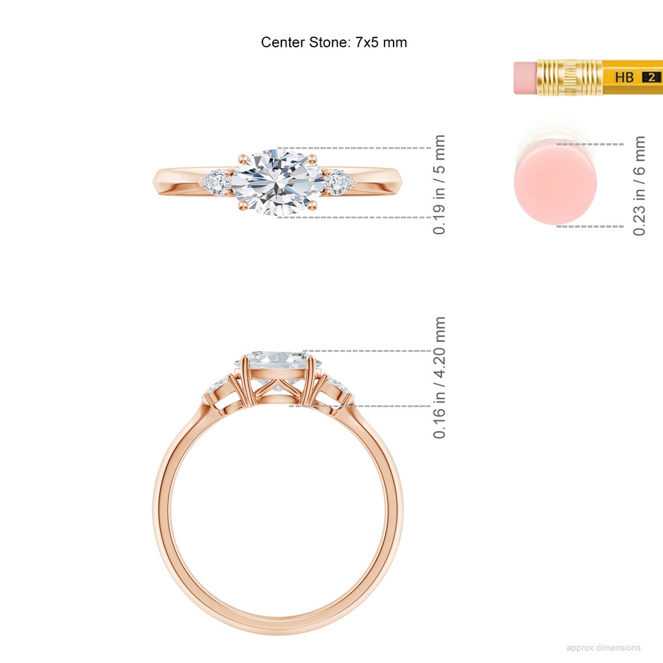 7x5mm FGVS Lab-Grown Classic East-West Oval Diamond Side Stone Engagement Ring in Rose Gold ruler