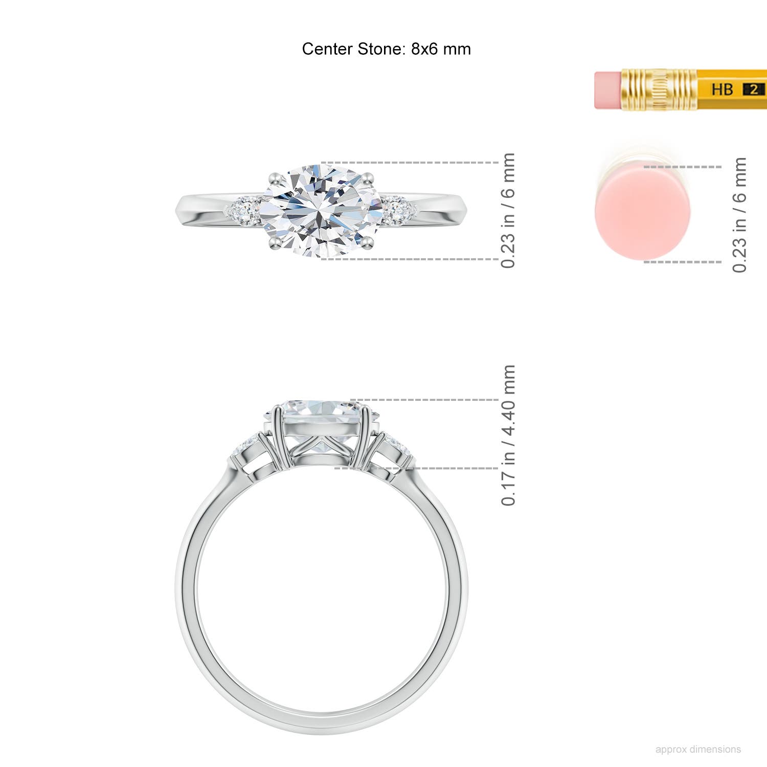 8x6mm FGVS Lab-Grown Classic East-West Oval Diamond Side Stone Engagement Ring in White Gold - ruler