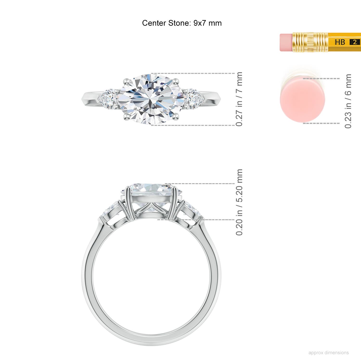 9x7mm FGVS Lab-Grown Classic East-West Oval Diamond Side Stone Engagement Ring in White Gold - ruler