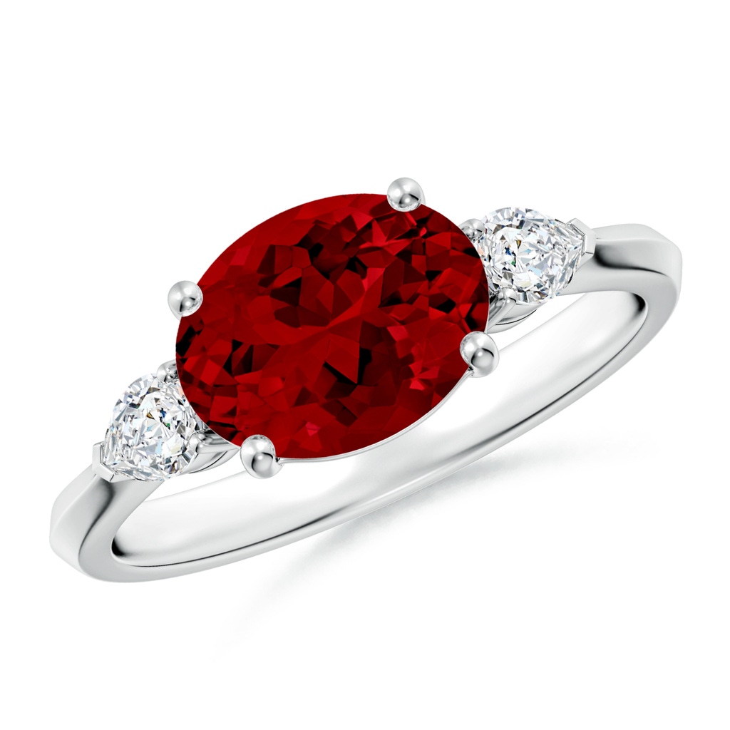 9x7mm Labgrown Lab-Grown Classic East-West Oval Ruby Side Stone Engagement Ring in White Gold